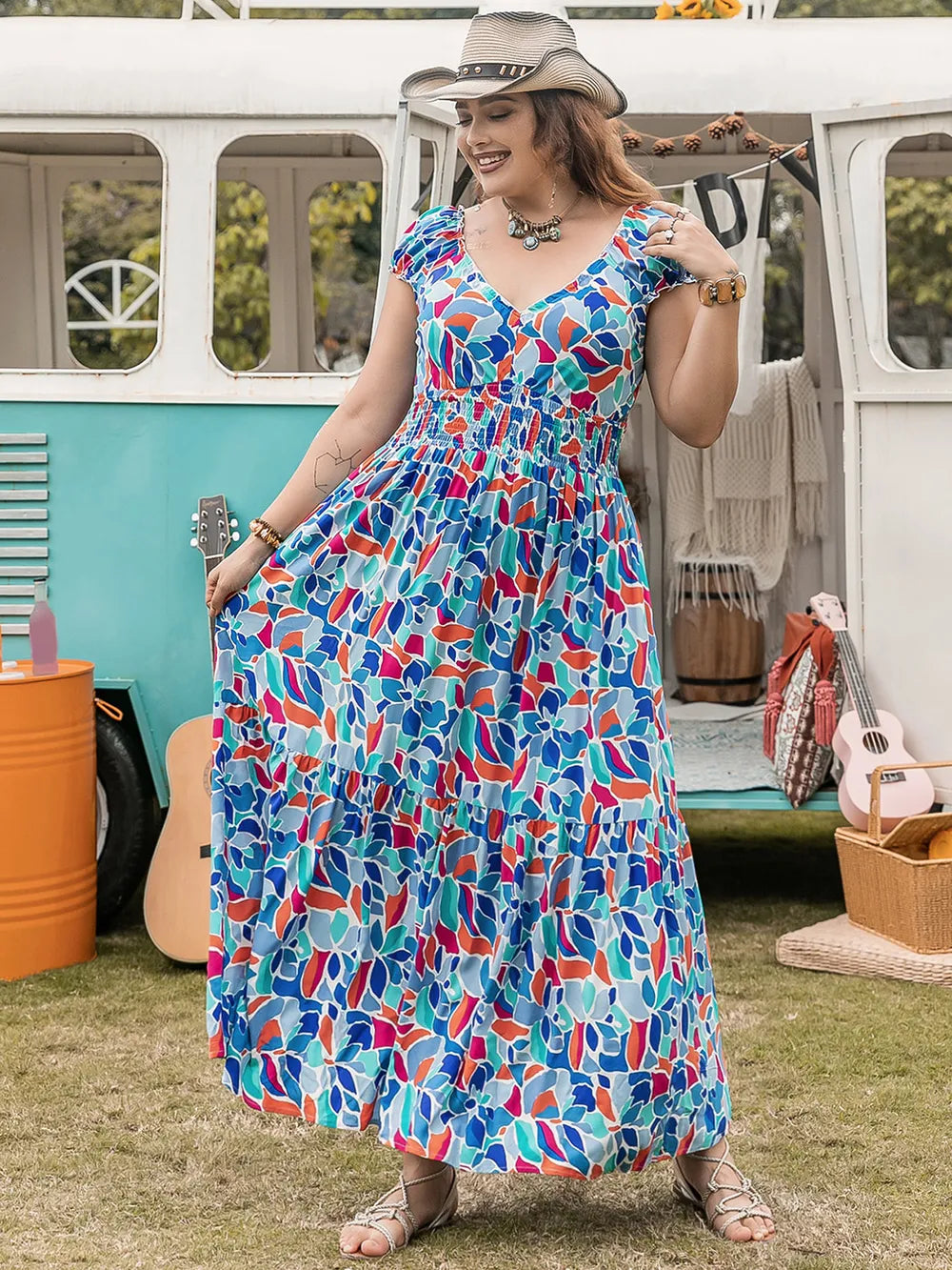 Plus Size Printed Cap Sleeve Dress - Premium Dresses from Trendsi - Just $42.99! Shop now at Handbags Specialist Headquarter