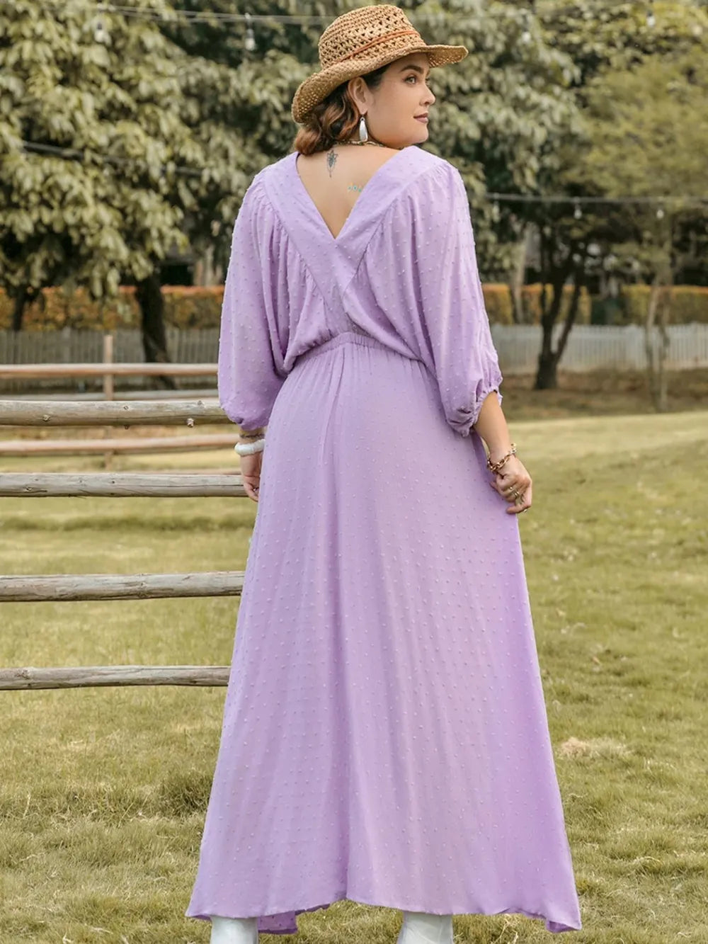 Plus Size Swiss Dot V-Neck Midi Dress - Premium Dresses from Trendsi - Just $45.99! Shop now at Handbags Specialist Headquarter