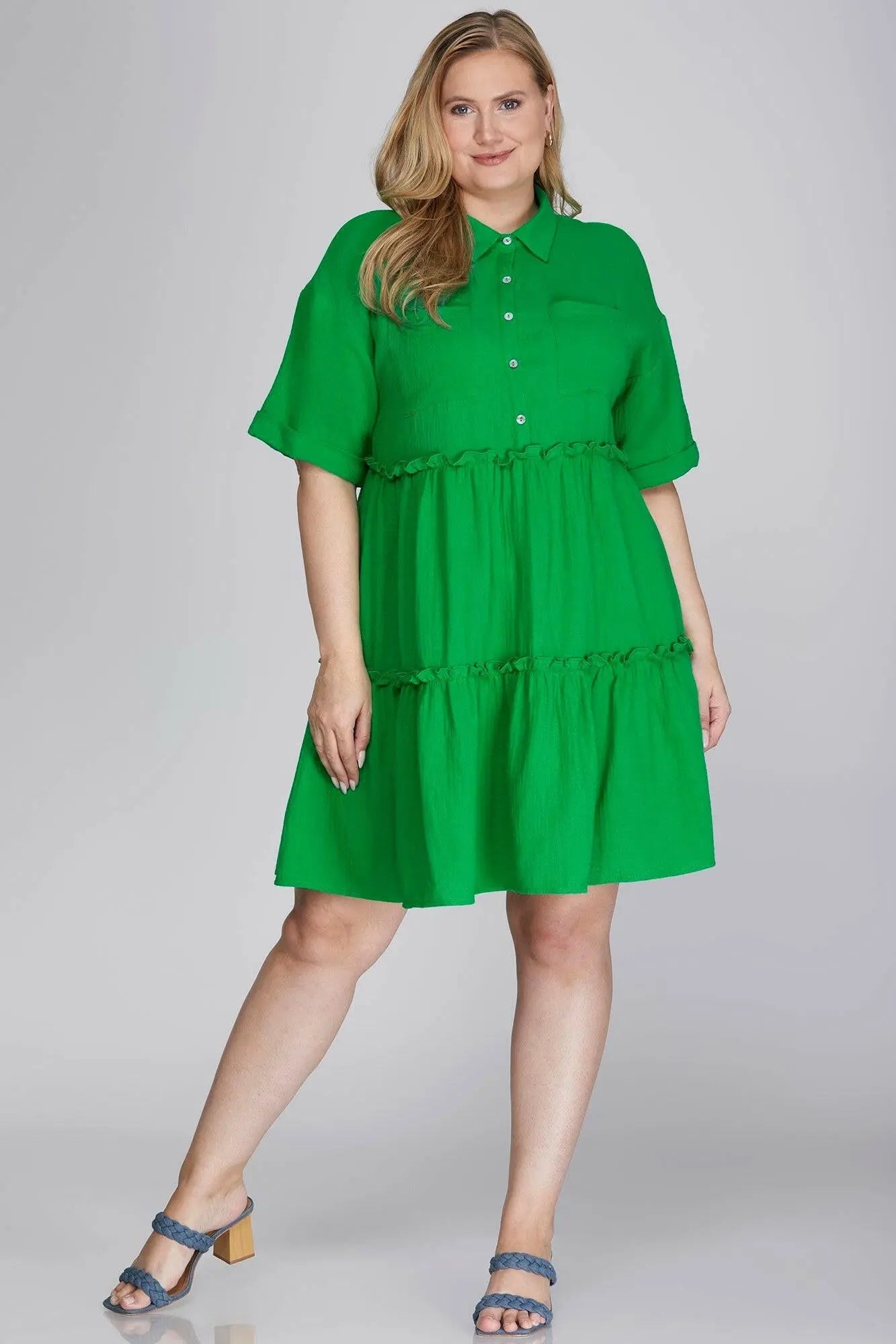 She + Sky Full Size Button Front Frill Tiered Mini Dress Plus Size.