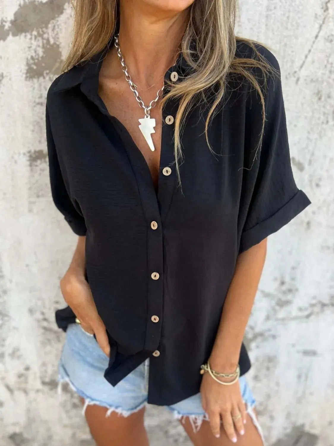 Full Size Collared Neck Half Sleeve Shirt Plus Size.