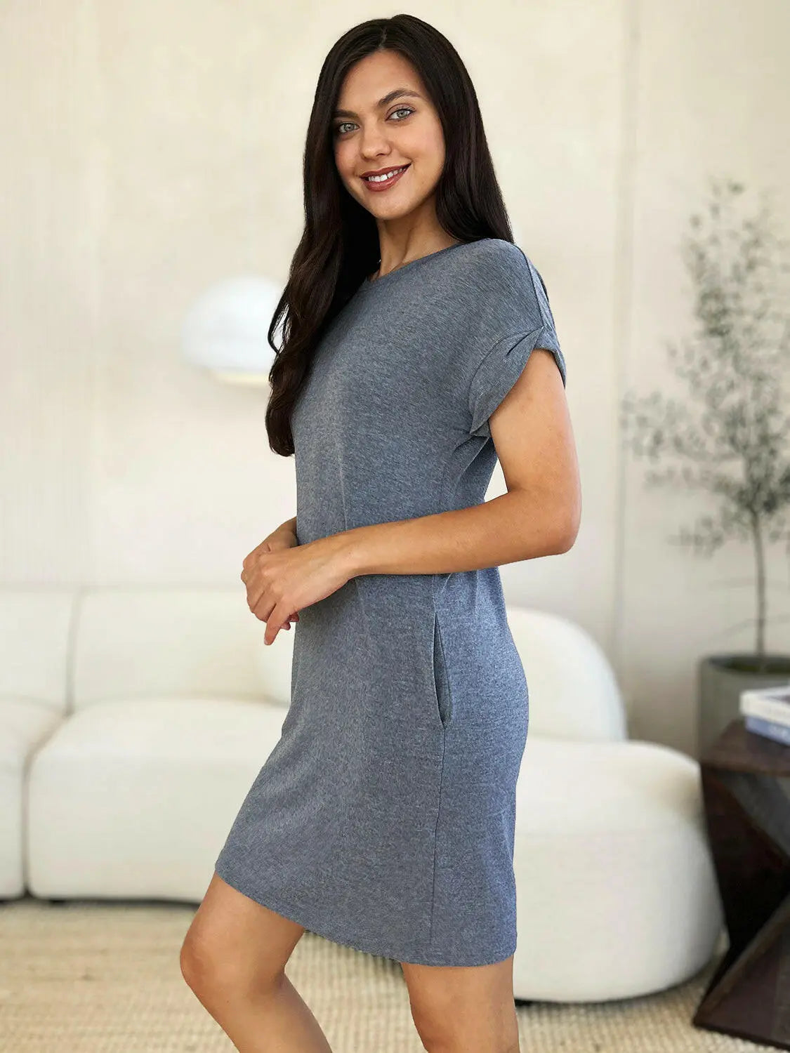 Basic Bae Full Size Round Neck Short Sleeve Dress with Pockets.