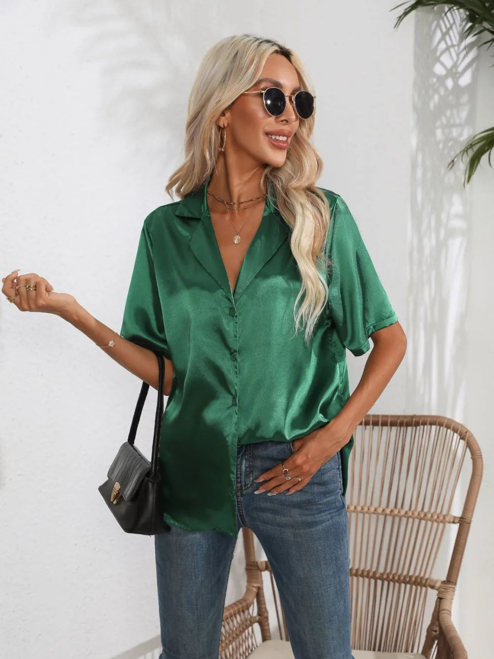 Button Down Short Sleeve Shirt - Premium Women's Down Shirt Tops from Trendsi - Just $19.48! Shop now at Handbags Specialist Headquarter