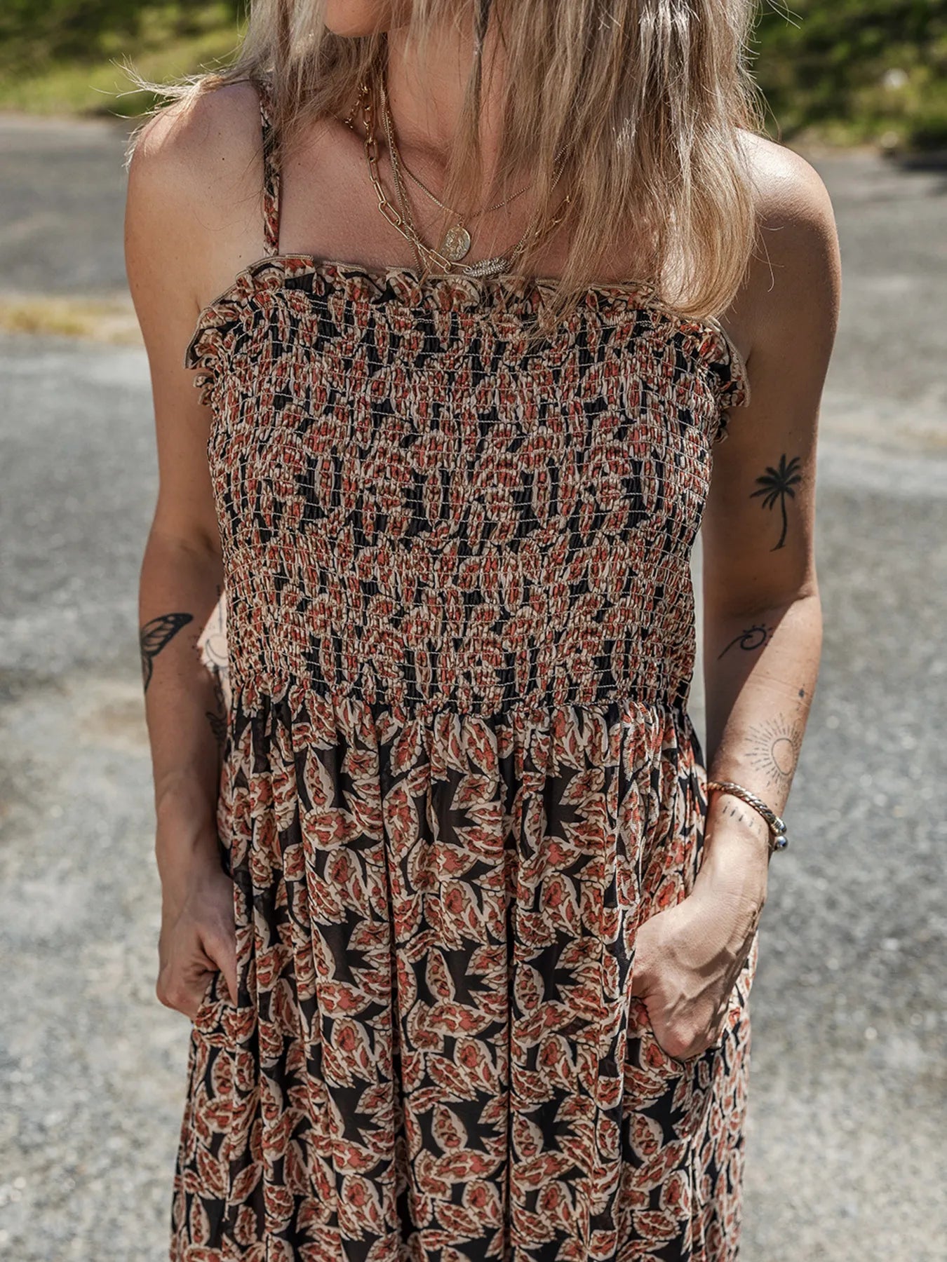 Printed Smocked Bodice Maxi Dress - Premium Maxi Dress from Trendsi - Just $57.99! Shop now at Handbags Specialist Headquarter
