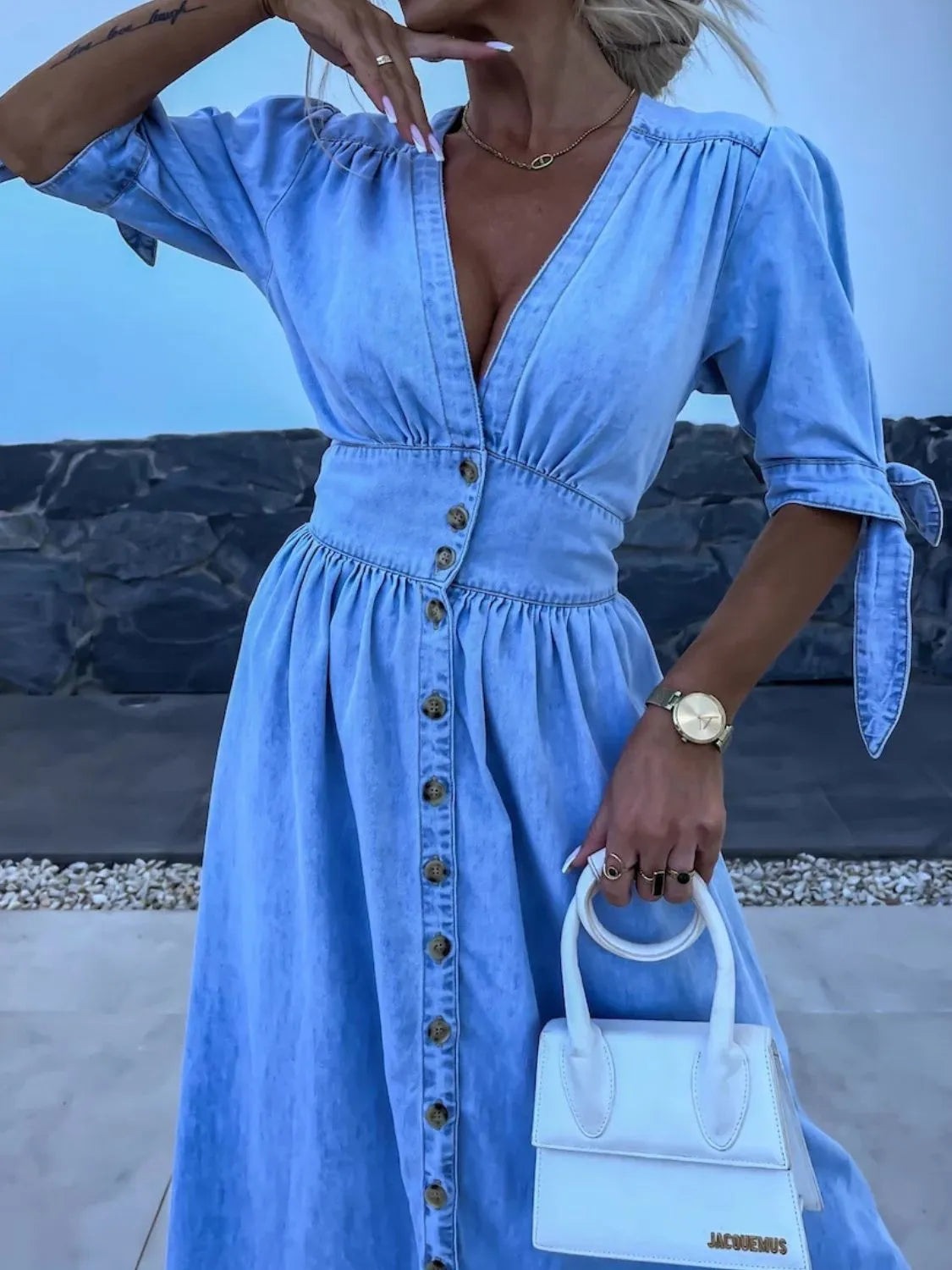 Button Front V-Neck Half Sleeve Denim Dress - Premium Women / Jeans & Denim from Trendsi - Just $53.68! Shop now at Handbags Specialist Headquarter