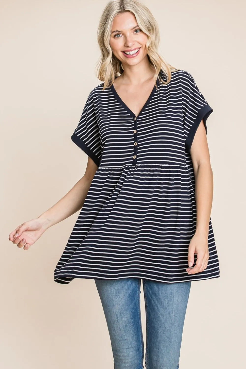 Cotton Bleu by Nu Label Striped Button Front Baby Doll Top - Premium Women / Jeans & Denim from Trendsi - Just $24.58! Shop now at Handbags Specialist Headquarter