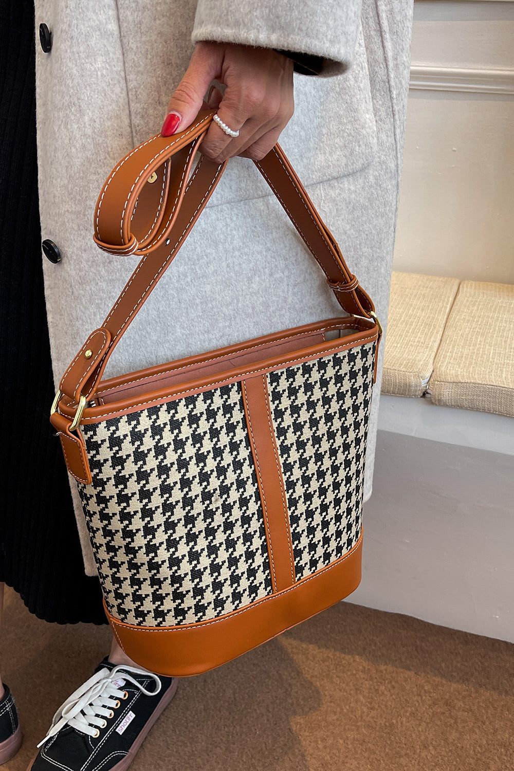 Houndstooth PU Leather Shoulder Bag - Premium Tote Bag from Trendsi - Just $39.99! Shop now at Handbags Specialist Headquarter