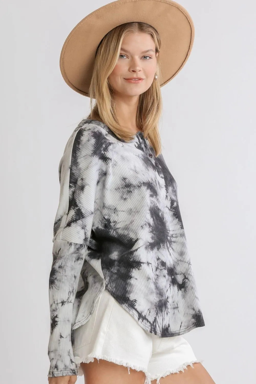 Umgee Full Size Tie Dye Round Neck Ribbed Button Front Top Plus Size - Premium Dresses from Trendsi - Just $29.99! Shop now at Handbags Specialist Headquarter