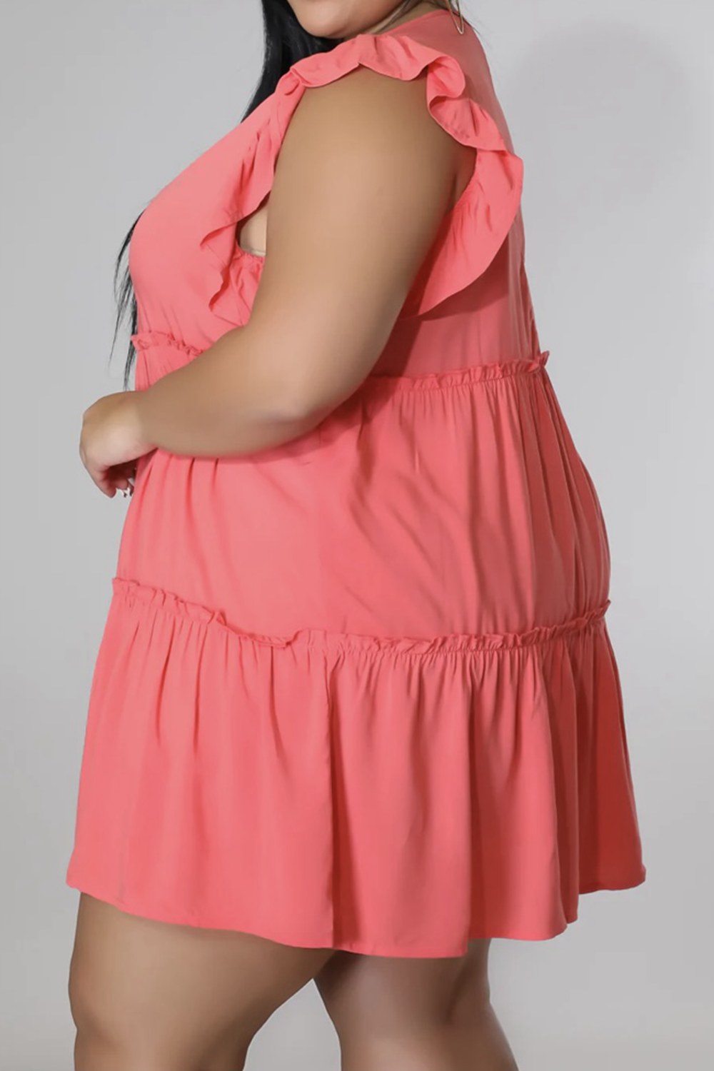 Plus Size V-Neck Frill Trim Mini Dress - Premium Dresses from Trendsi - Just $36.99! Shop now at Handbags Specialist Headquarter