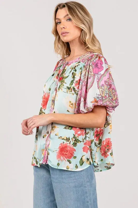 SAGE+FIG Plus Size Floral Mineral Wash French Terry Button Up Shirt.