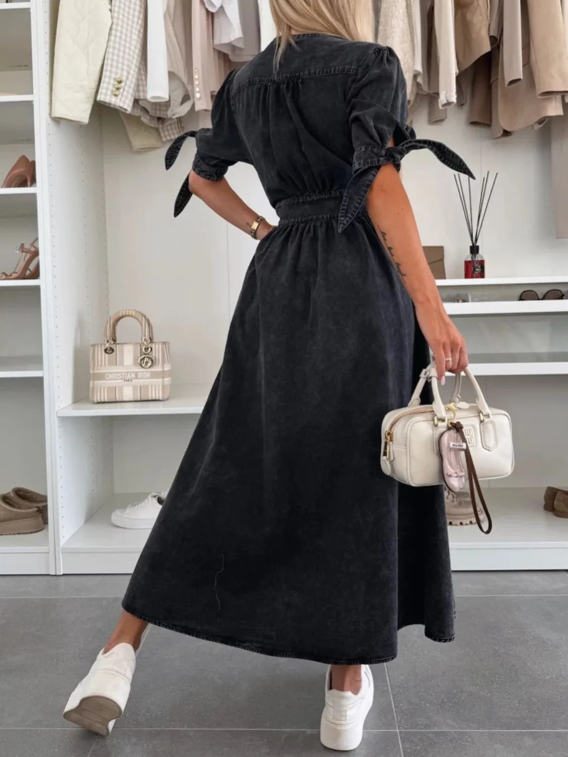 Button Front V-Neck Half Sleeve Denim Dress - Premium Women / Jeans & Denim from Trendsi - Just $53.68! Shop now at Handbags Specialist Headquarter