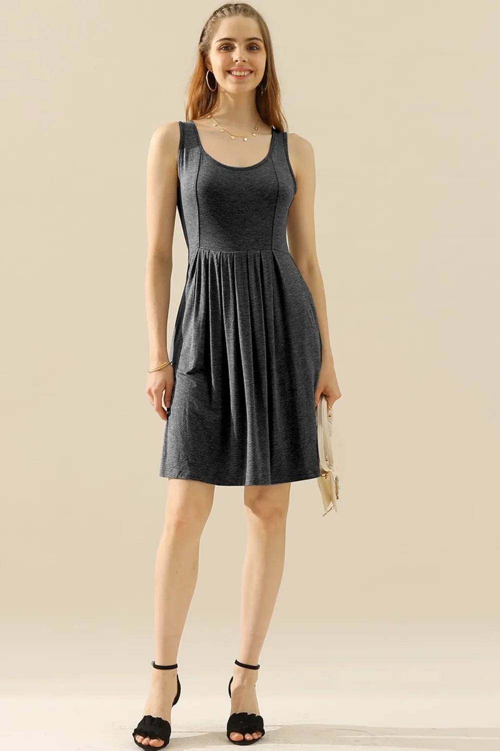 Doublju Full Size Round Neck Ruched Sleeveless Dress with Pockets - Premium Dresses from Trendsi - Just $15.99! Shop now at Handbags Specialist Headquarter