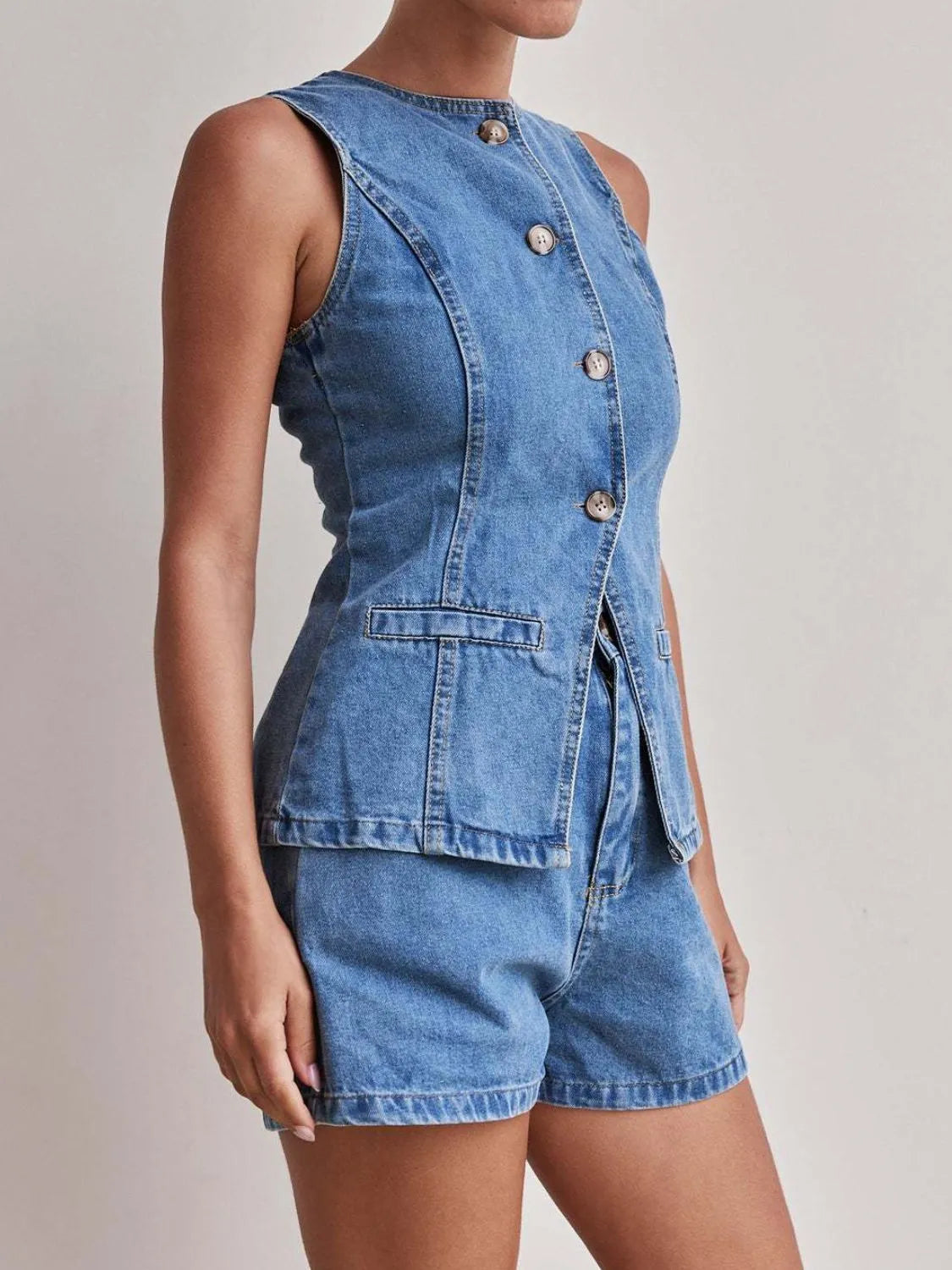 Button Down Vest and Shorts Denim Set - Premium Women / Jeans & Denim from Trendsi - Just $65.12! Shop now at Handbags Specialist Headquarter