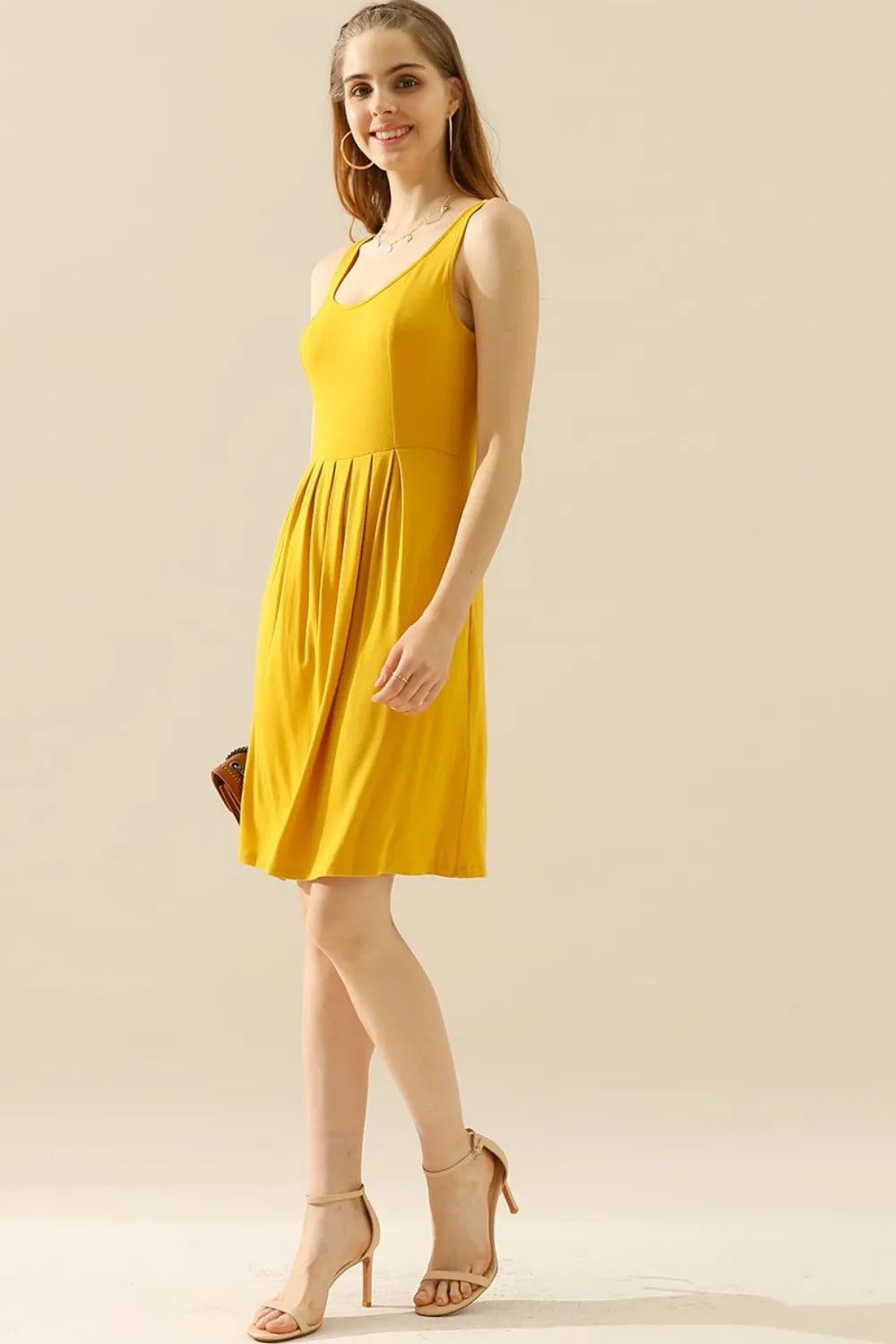 Doublju Full Size Round Neck Ruched Sleeveless Dress with Pockets - Premium Dresses from Trendsi - Just $15.99! Shop now at Handbags Specialist Headquarter