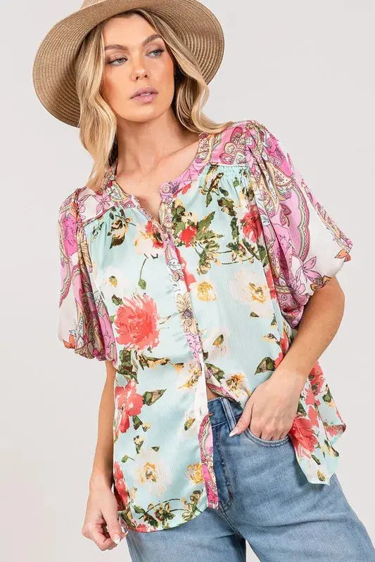 SAGE+FIG Plus Size Floral Mineral Wash French Terry Button Up Shirt.