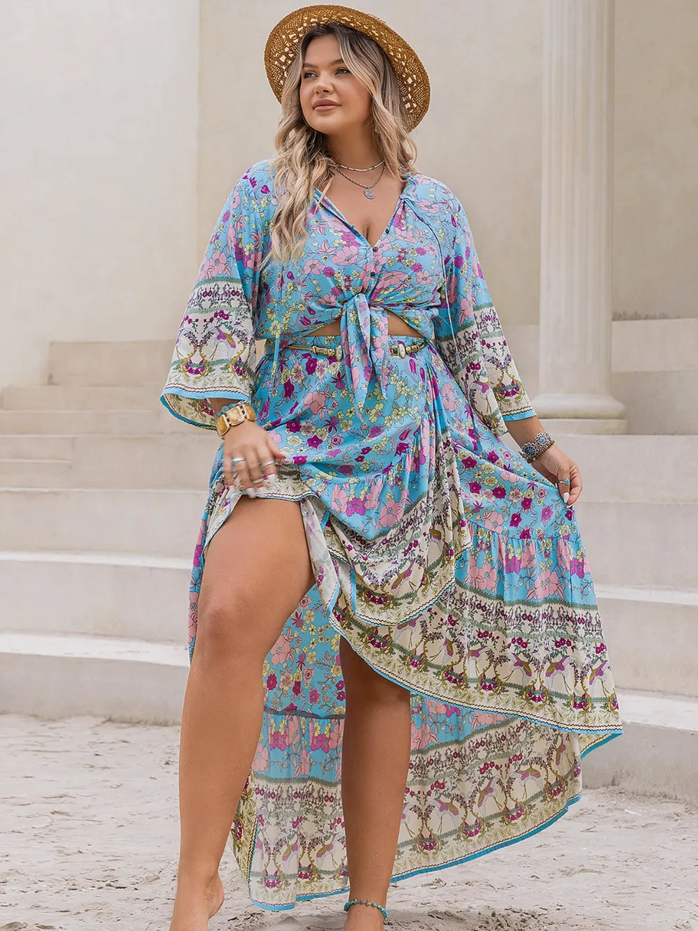 Plus Size Printed Tie Neck Top and Skirt Set - Premium from Trendsi - Just $53.99! Shop now at Handbags Specialist Headquarter