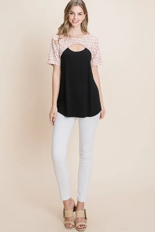 BOMBOM Chic Leopard Contrast Cutout Top - Premium Tops from Trendsi - Just $13.42! Shop now at Handbags Specialist Headquarter