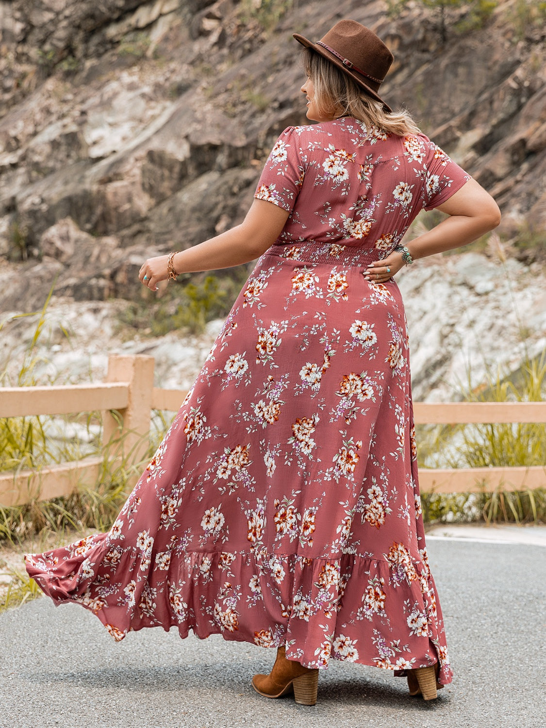 Plus Size Floral Slit Ruffle Hem Dress - Premium Dresses from Trendsi - Just $60.99! Shop now at Handbags Specialist Headquarter