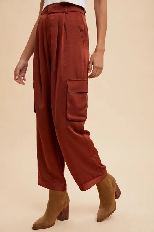 Annie Wear Wide Leg Cargo Satin Pants - Premium Bottoms from Trendsi - Just $50.86! Shop now at Handbags Specialist Headquarter