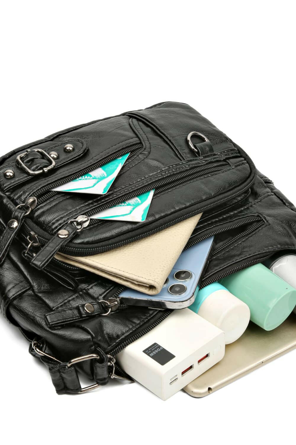 Multi-Pocket PU Leather Crossbody Bag.