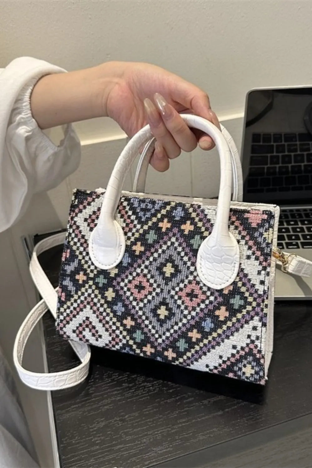 Geometric PU Leather Strap Handbag - Premium handbags from Trendsi - Just $19.99! Shop now at Handbags Specialist Headquarter