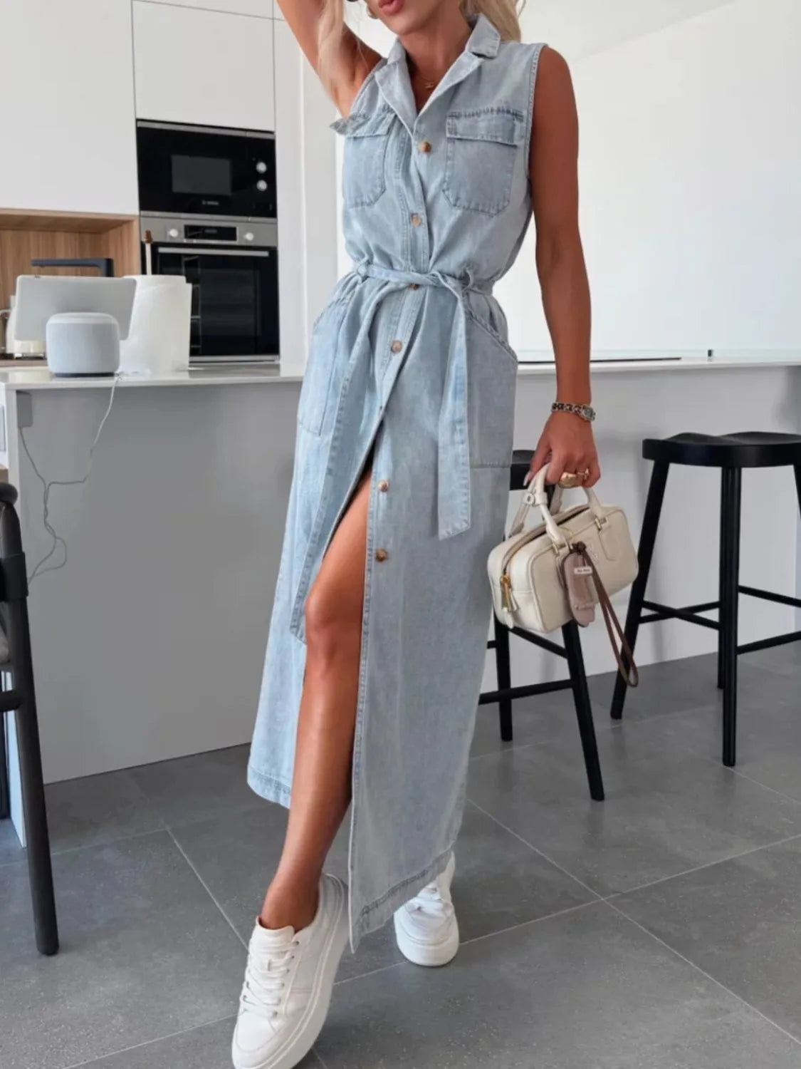 Button Front Sleeveless Denim Dress - Premium Women / Jeans & Denim from Trendsi - Just $51.62! Shop now at Handbags Specialist Headquarter
