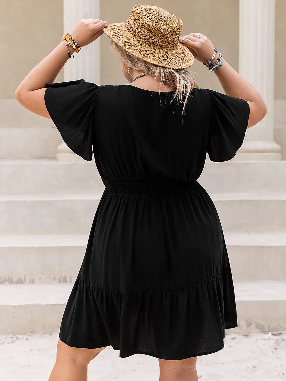 Plus Size V-Neck Flutter Sleeve Mini Dress - Premium Dresses from Trendsi - Just $36.99! Shop now at Handbags Specialist Headquarter