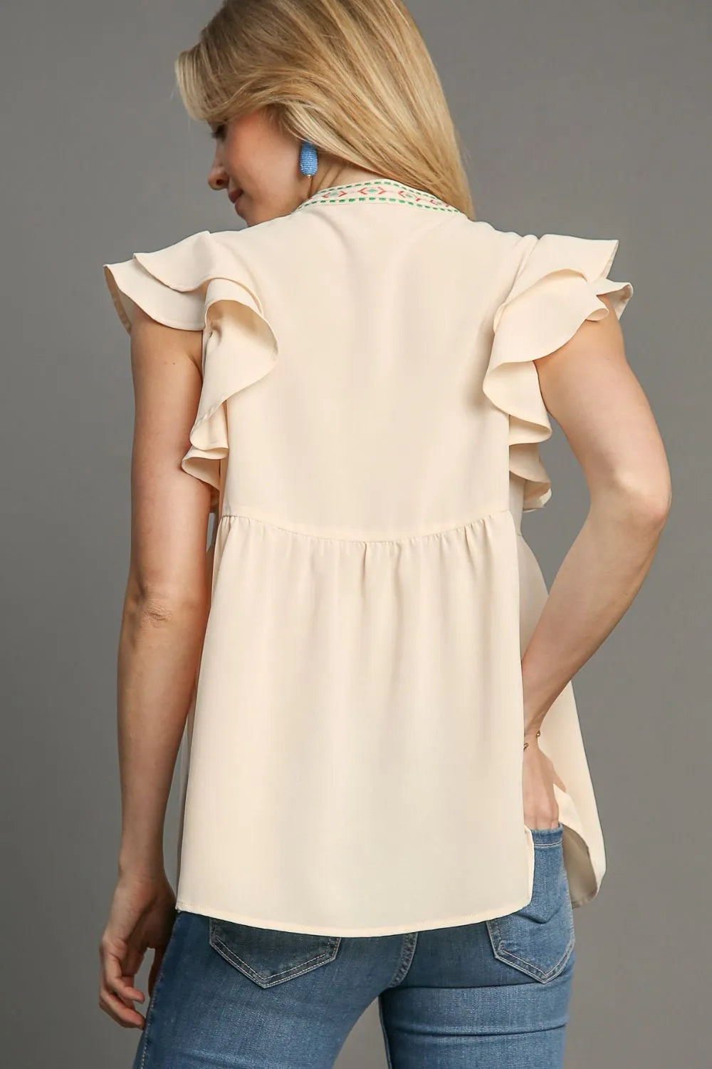 Umgee Full Size Embroidery Notched Double Ruffle Sleeve Blouse Plus Size - Premium Dresses from Trendsi - Just $51.99! Shop now at Handbags Specialist Headquarter