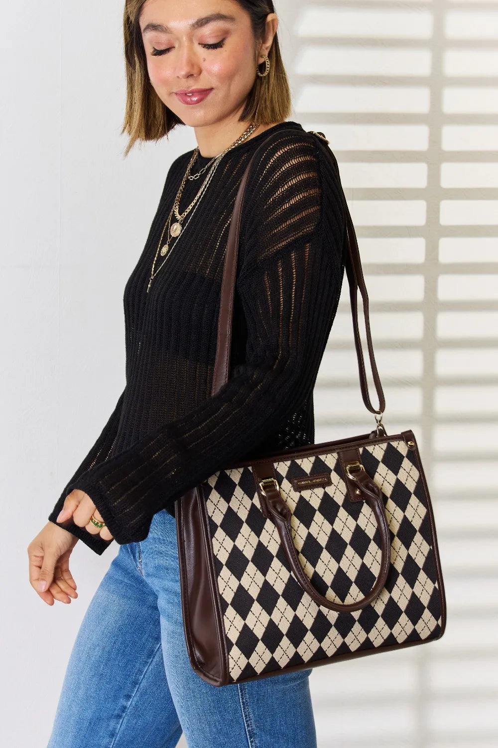 David Jones Argyle Pattern PU Leather Handbag - Premium Handbags from Trendsi - Just $51.99! Shop now at Handbags Specialist Headquarter