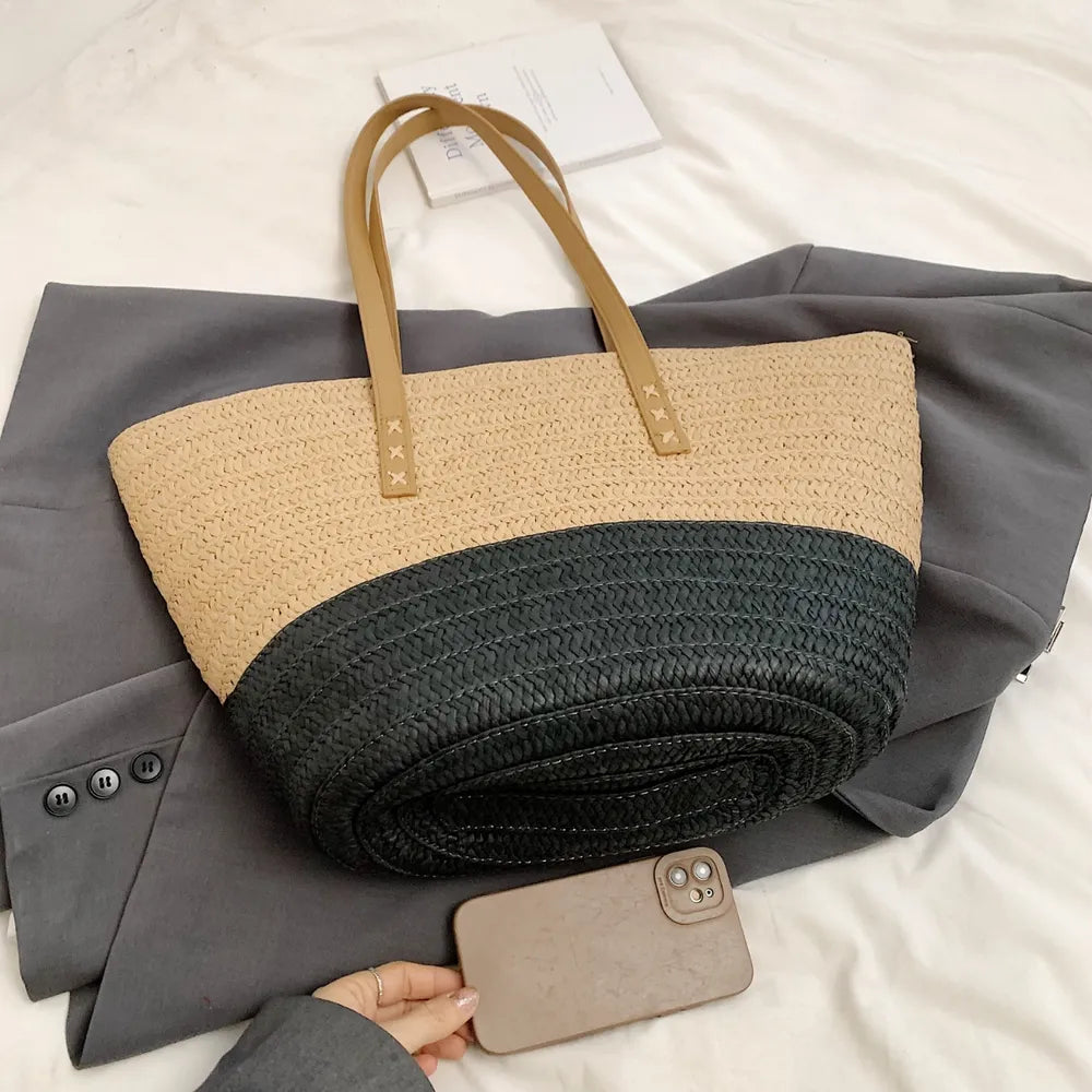 Contrast Straw Braided Handbag - Premium Tote Bag from Trendsi - Just $32.99! Shop now at Handbags Specialist Headquarter