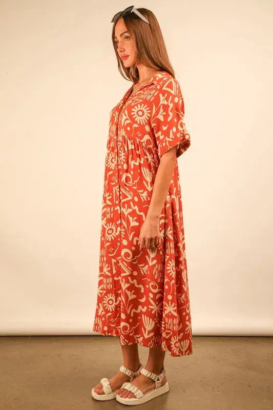 VERY J Plus Size Oversized Printed Shirt Midi Dress.