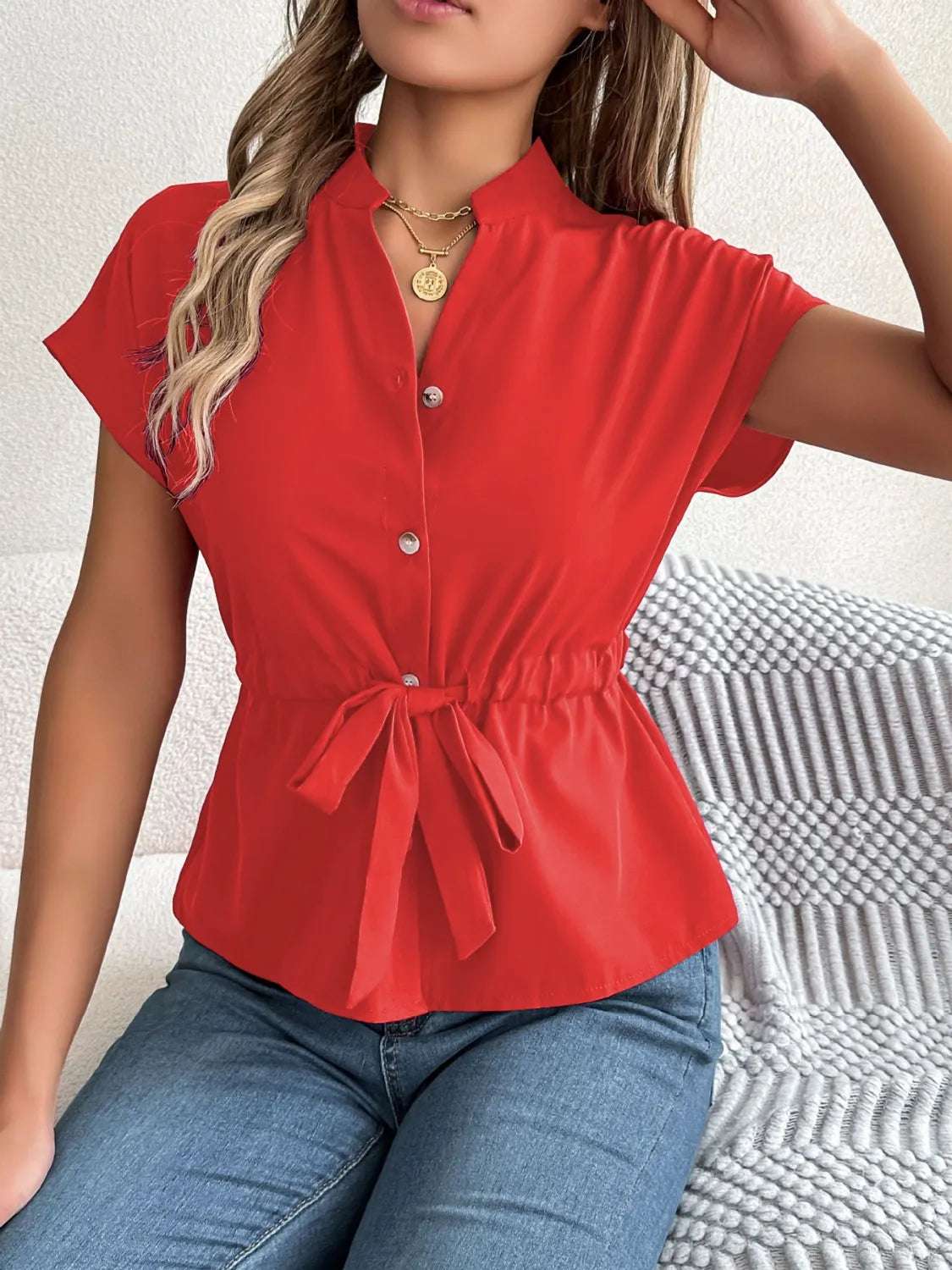 Notched Short Sleeve Blouse - Premium Women / Tops from Trendsi - Just $29.84! Shop now at Handbags Specialist Headquarter