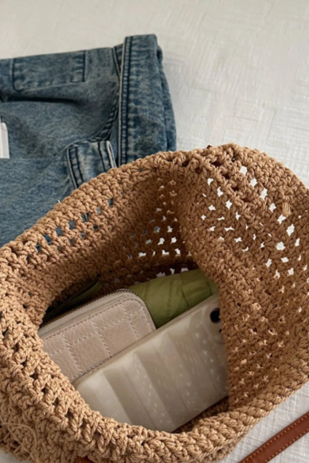 Openwork Woven Tote Bag - Premium Tote Bag from Trendsi - Just $39.99! Shop now at Handbags Specialist Headquarter