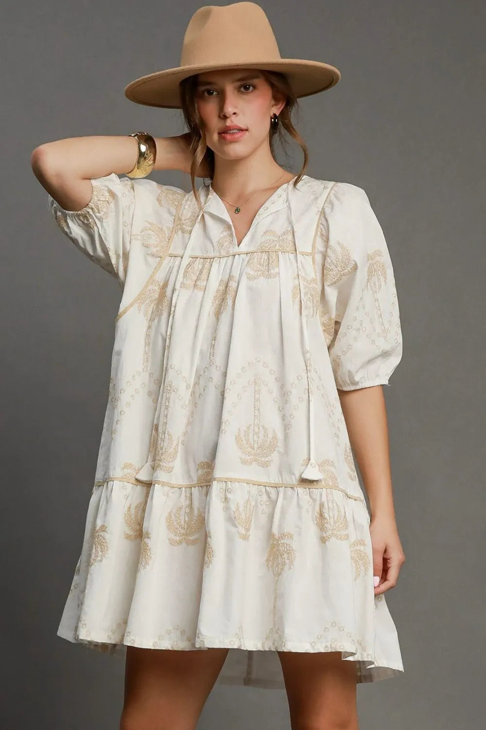 Umgee Full Size Embroidered Puff Sleeve Babydoll Dress Plus Size - Premium Dresses from Trendsi - Just $55.99! Shop now at Handbags Specialist Headquarter