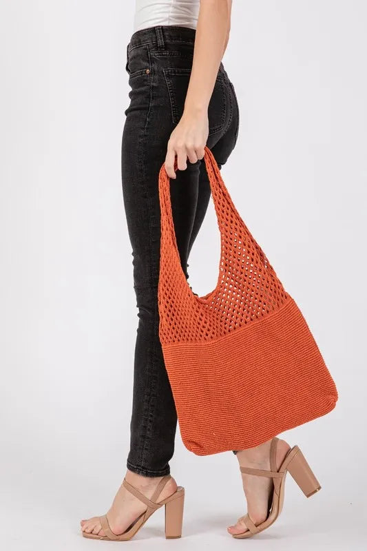 Fame Half Pointelle Knit Tote Bag - Premium Tote Bag from Trendsi - Just $27.99! Shop now at Handbags Specialist Headquarter