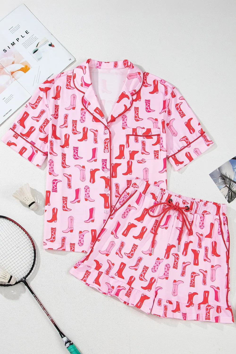 Cowgirl Boots Printed Shirt and Shorts Set - Premium Sleepwear from Trendsi - Just $60.99! Shop now at Handbags Specialist Headquarter
