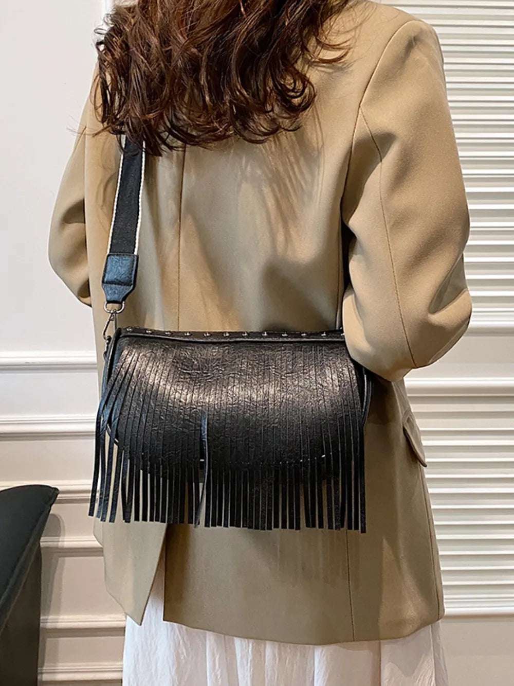 PU Leather Fringe Studded Crossbody Bag - Premium Crossbody Bag from Trendsi - Just $29.99! Shop now at Handbags Specialist Headquarter