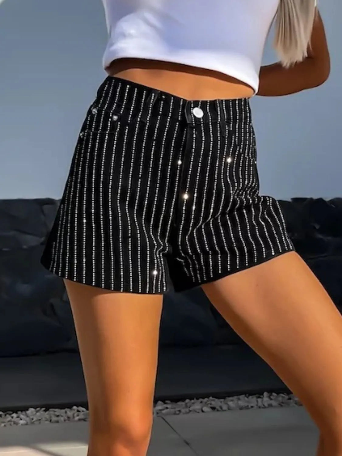 Rhinestone High Rise Denim Shorts - Premium Women / Jeans & Denim from Trendsi - Just $27.20! Shop now at Handbags Specialist Headquarter