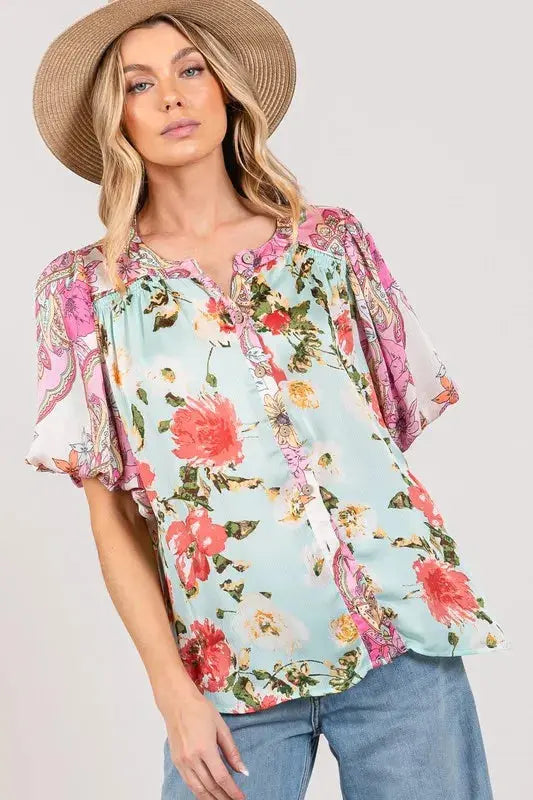 SAGE+FIG Plus Size Floral Mineral Wash French Terry Button Up Shirt.