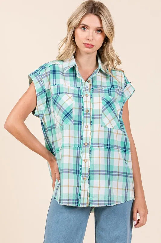 Mittoshop Mineral Wash Plaid Button Down Shirt - Premium Women's Down Shirt Tops from Trendsi - Just $51.26! Shop now at Handbags Specialist Headquarter