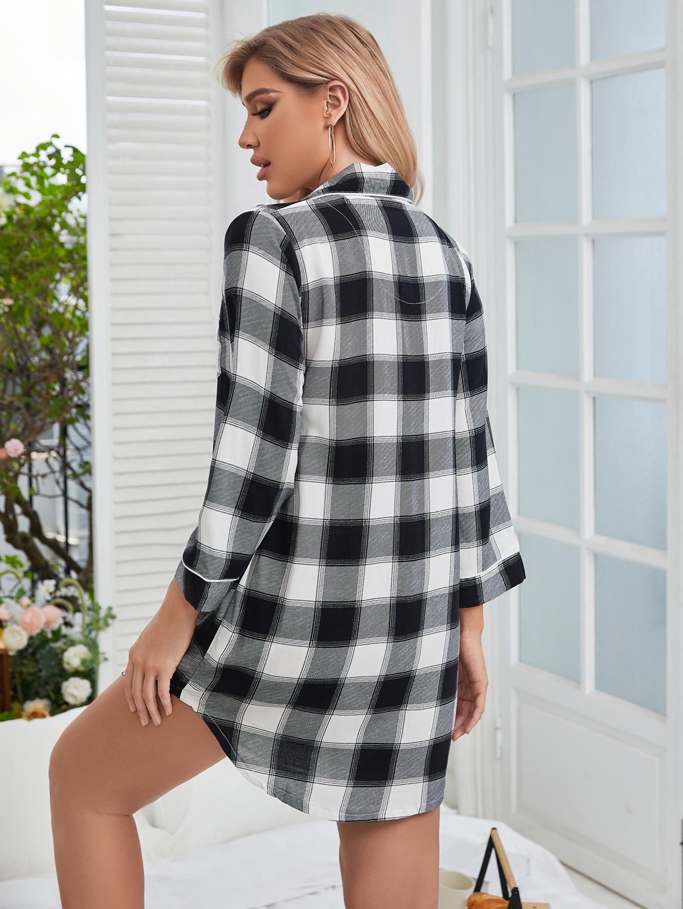 Plaid Lapel Collar Shirt Dress - Premium Sleepwear from Trendsi - Just $31.99! Shop now at Handbags Specialist Headquarter