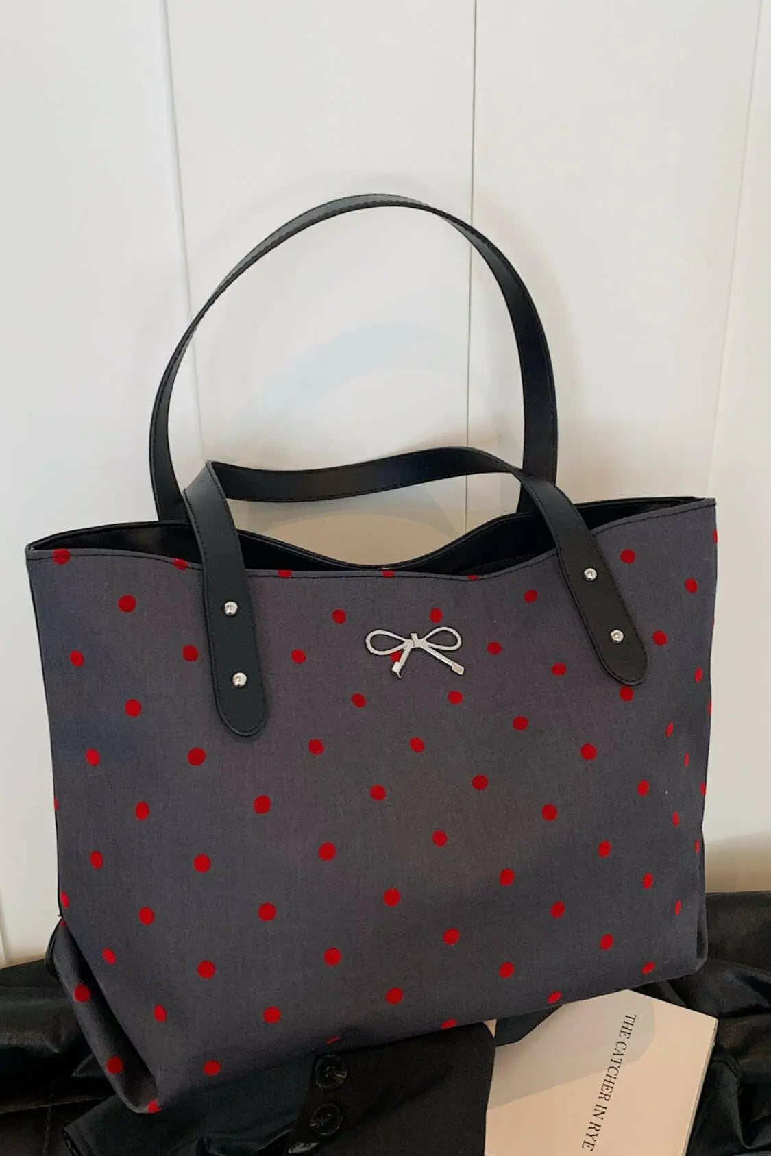 Polyester Bow Polka Dot Tote Bag.