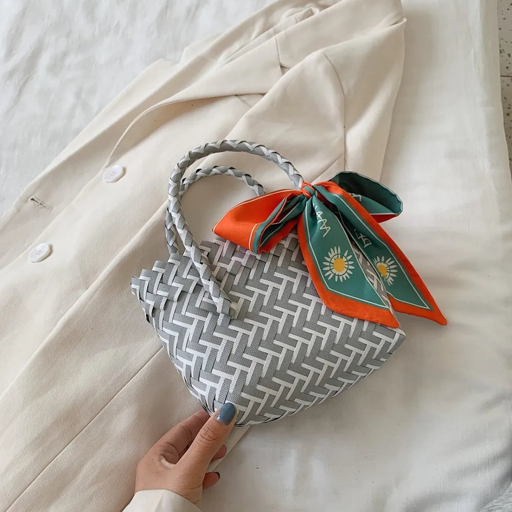 Contrast Woven Handbag with Ribbon - Premium Tote Bag from Trendsi - Just $39.99! Shop now at Handbags Specialist Headquarter