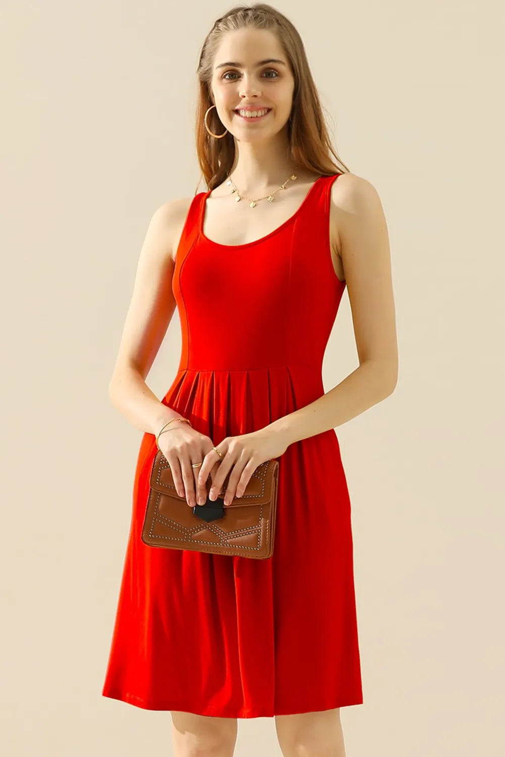 Doublju Full Size Round Neck Ruched Sleeveless Dress with Pockets - Premium Dresses from Trendsi - Just $15.99! Shop now at Handbags Specialist Headquarter