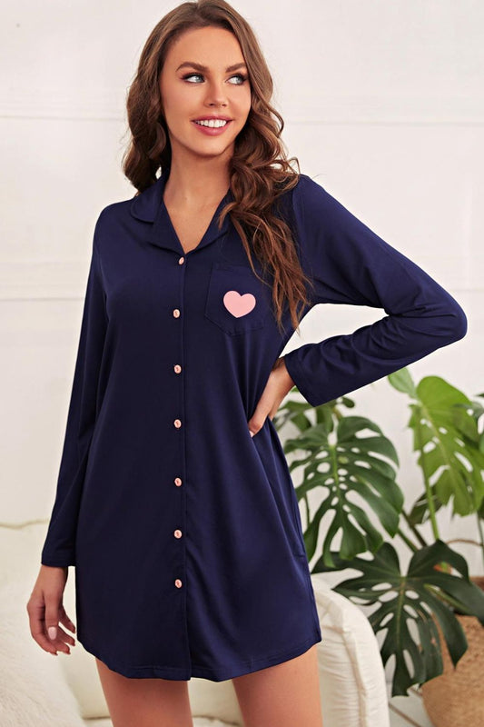 Heart Graphic Lapel Collar Night Shirt Dress - Premium Sleepwear from Trendsi - Just $27! Shop now at Handbags Specialist Headquarter
