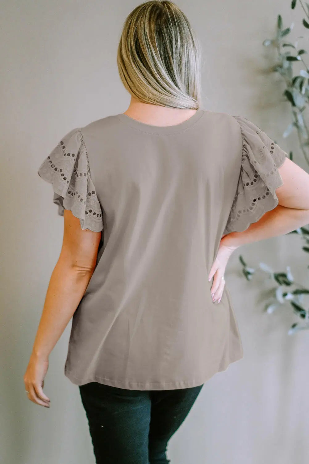 Plus Size Eyelet Round Neck Short Sleeve Blouse.