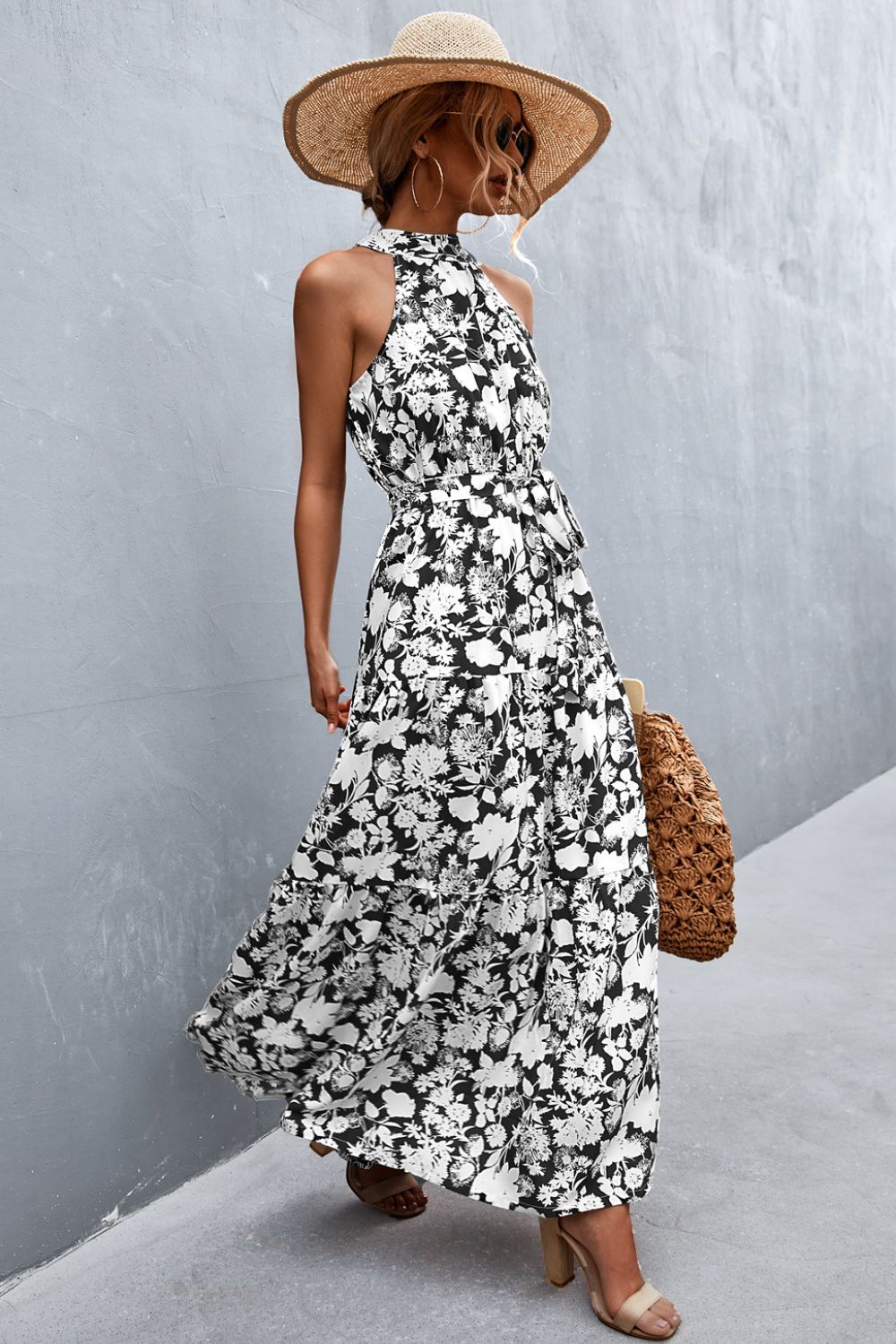 Printed Sleeveless Tie Waist Maxi Dress - Premium Maxi Dress from Trendsi - Just $36.99! Shop now at Handbags Specialist Headquarter