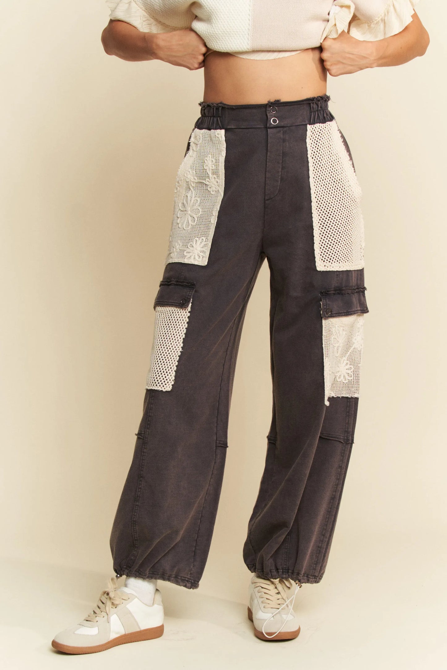 Davi & Dani Lace Patchwork Bottom Opening Adjustable Pants - Premium Women Pants from Trendsi - Just $66.99! Shop now at Handbags Specialist Headquarter