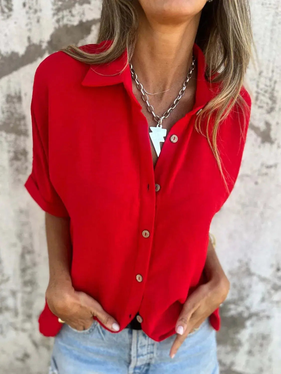 Full Size Collared Neck Half Sleeve Shirt Plus Size.