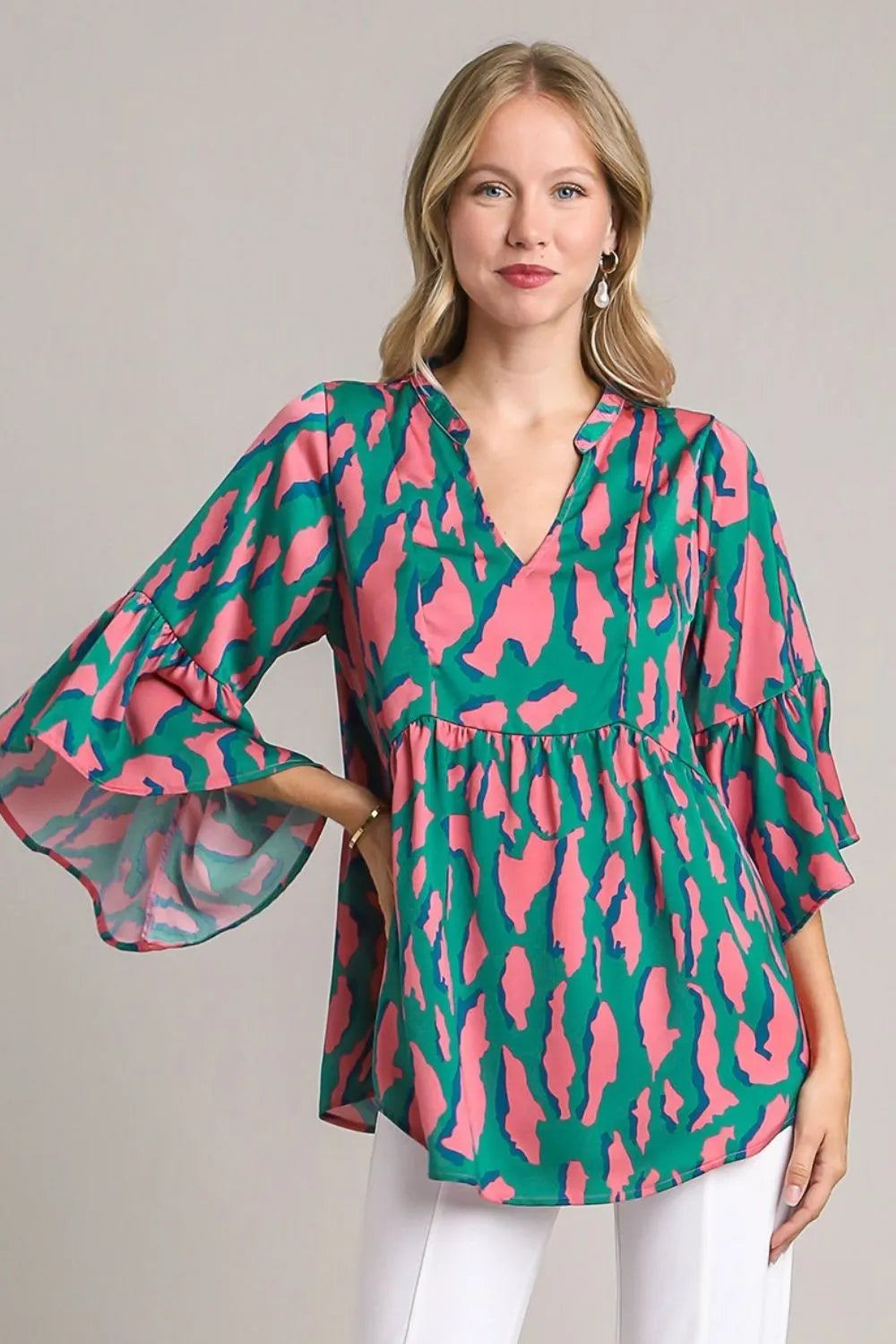 Umgee Full Size Satin Leopard 3/4 Bell Sleeve Babydoll Blouse Plus Size - Premium Dresses from Trendsi - Just $38.99! Shop now at Handbags Specialist Headquarter