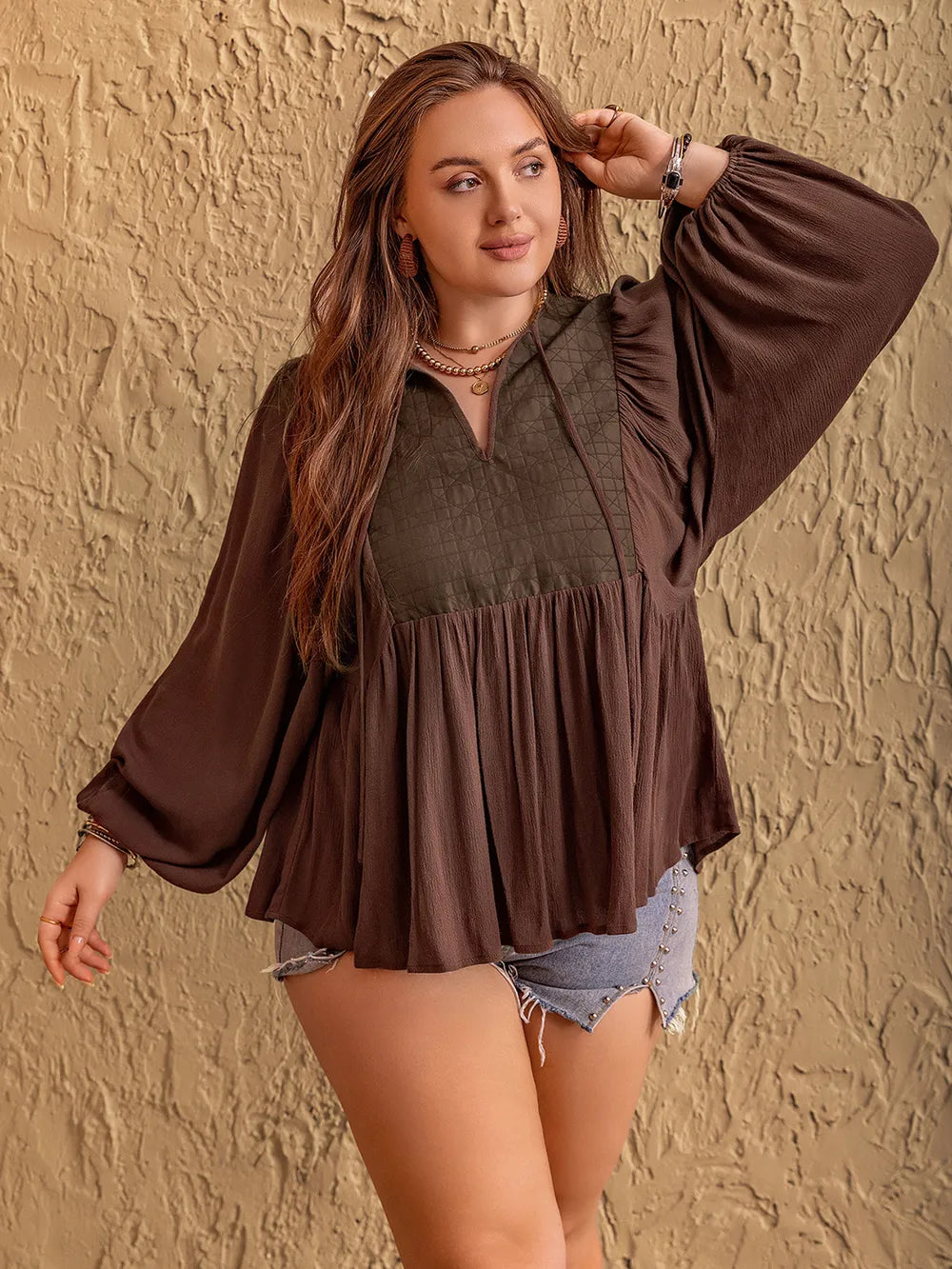 Plus Size Tie Neck Balloon Sleeve Blouse - Premium Plus Size Shirts from Trendsi - Just $37.48! Shop now at Handbags Specialist Headquarter